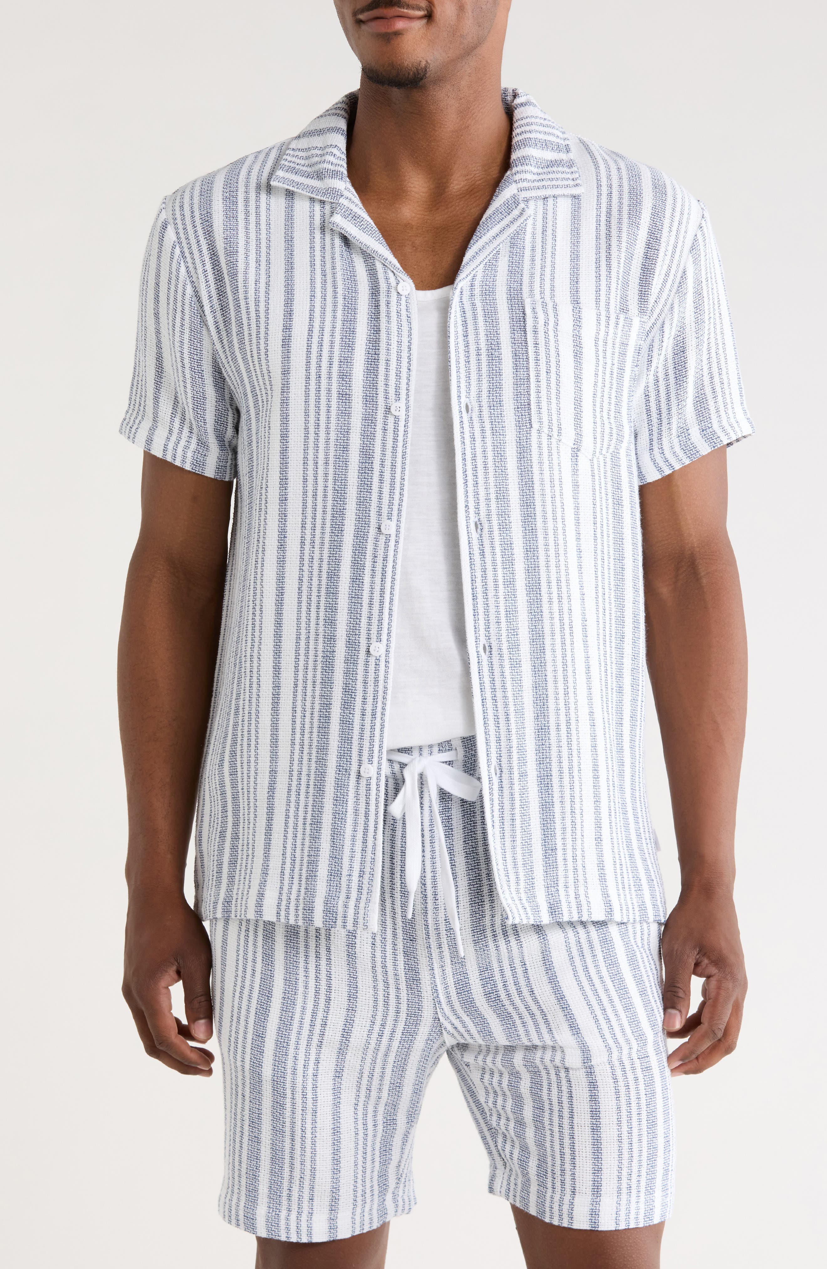 Striped Waffle Weave Camp Shirt
