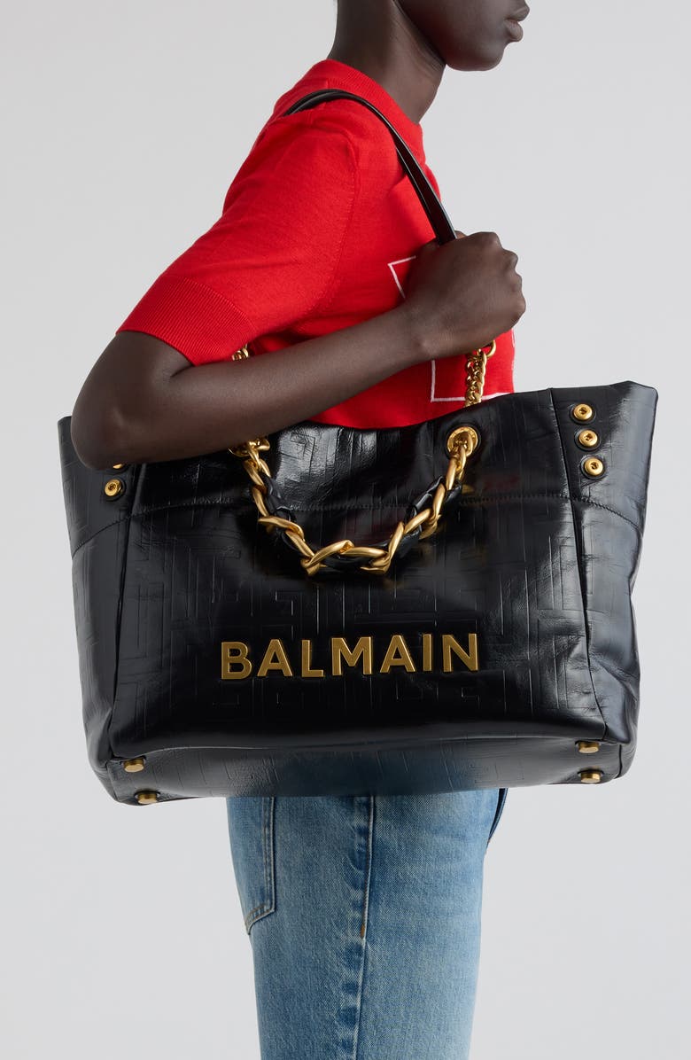 Balmain Small 1945 Monogram Embossed Soft Leather Tote, Alternate, color, 0Pa Black