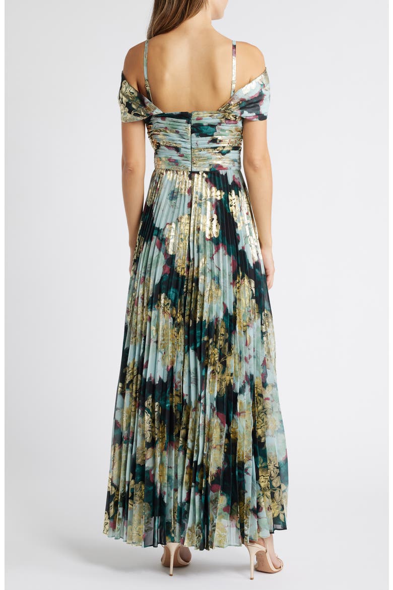 Cold Shoulder Pleated Gown, Alternate, color, SPRUCE GOLD