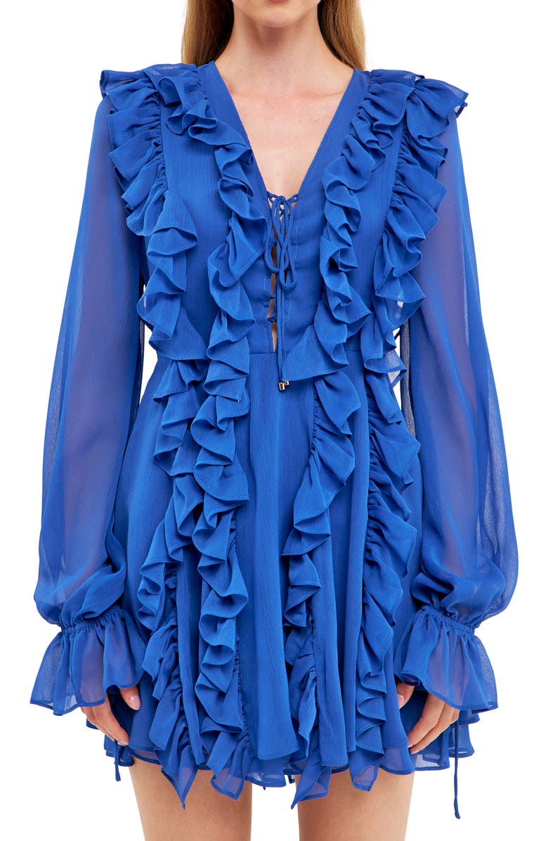 Endless Rose Ruffle Tie Front Long Sleeve Minidress, Alternate, color, Royal Blue