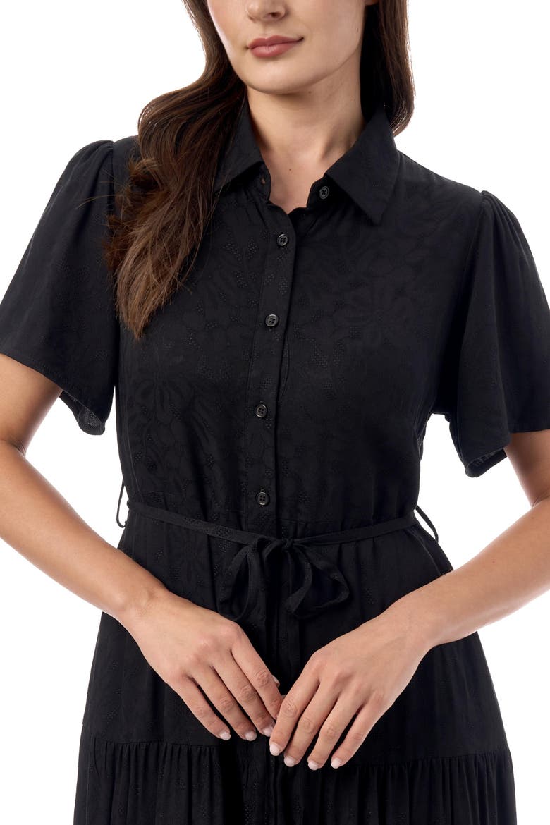 Jacquard Tiered Belted Midi Dress, Alternate, color, Black