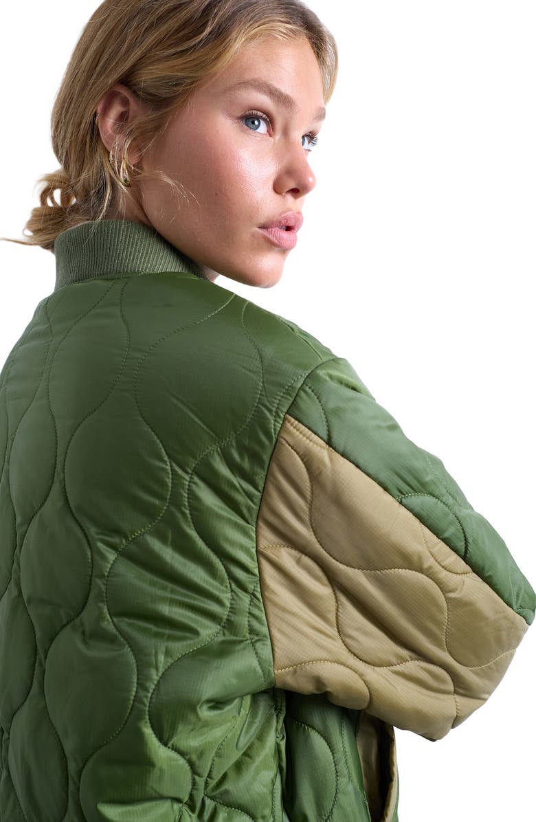 Topshop Colorblock Quilted Bomber Jacket, Alternate, color, Medium Green