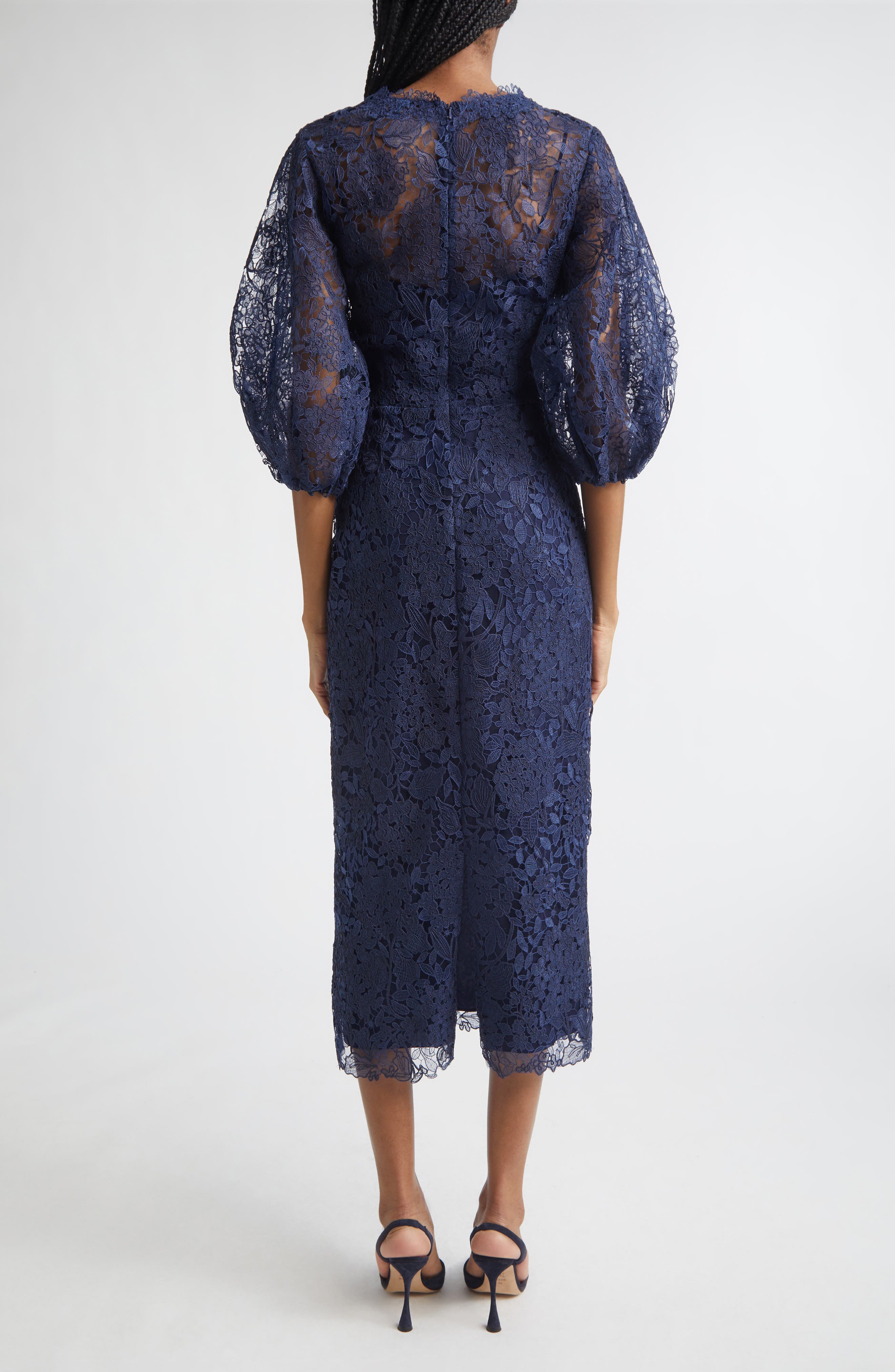 Carolina Herrera Balloon Sleeve Lace Midi Pencil Dress (Women) | Nordstrom
