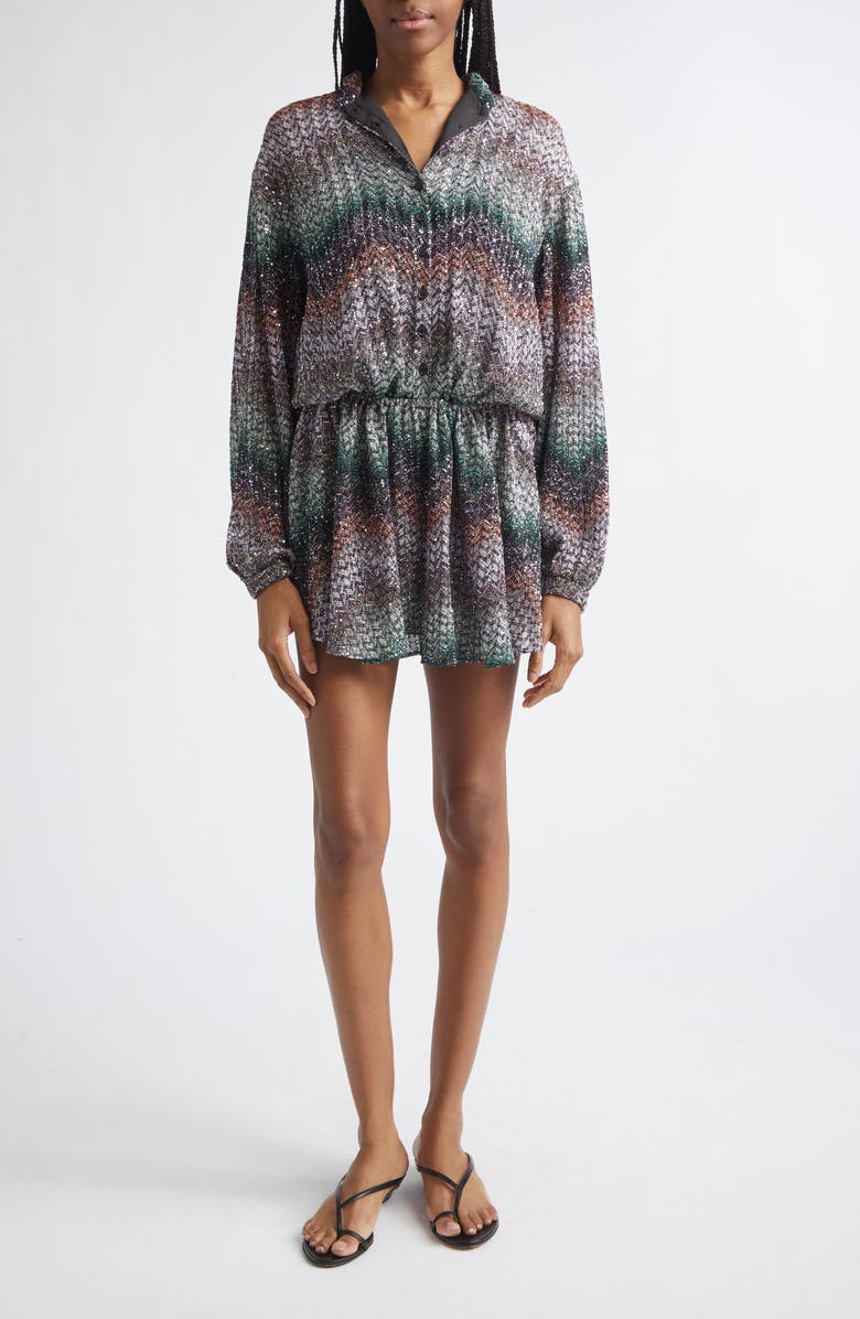 Missoni Metallic Zigzag Sequin Long Sleeve Knit Minidress, Main, color, Multi Black Orange Violet