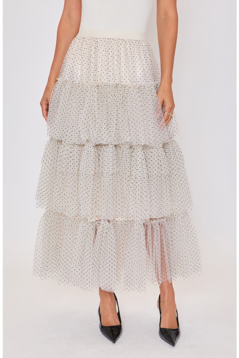 Jessica Dot Print Tiered Mesh Maxi Skirt, Main, color, CREAM/ BLACK
