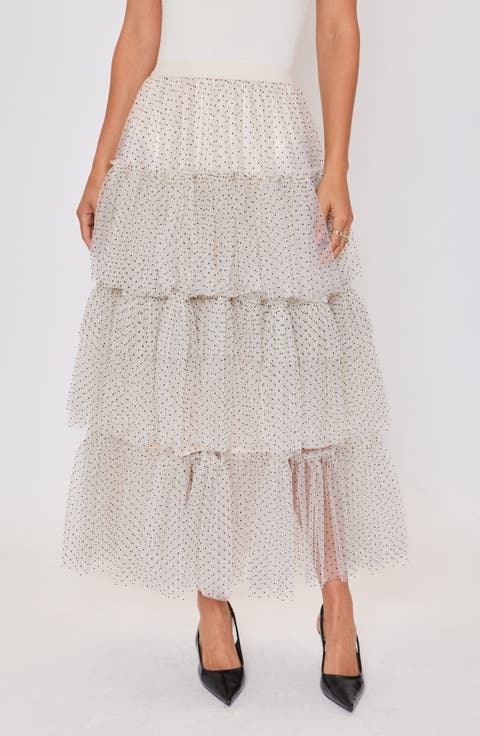 Jessica Dot Print Tiered Mesh Maxi Skirt