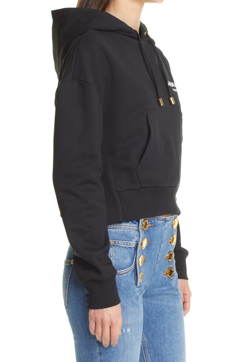 Balmain Flocked Logo Crop Hoodie, Alternate, color, 