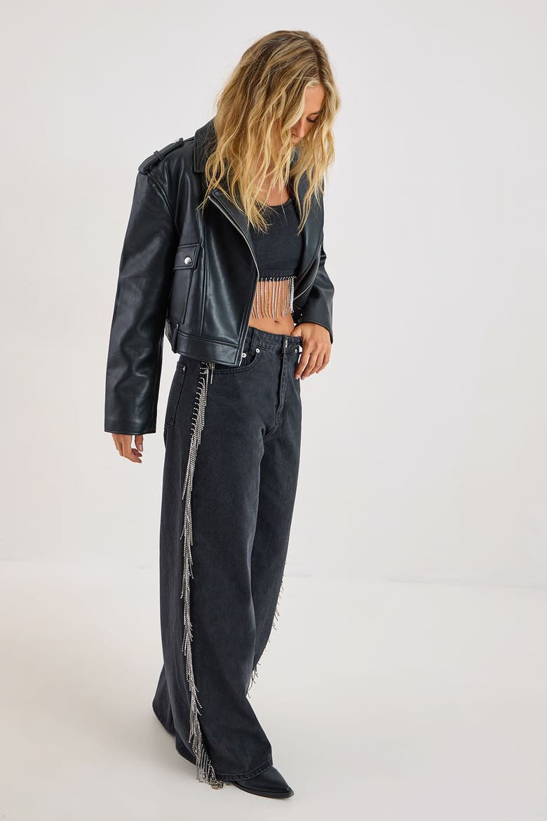Denim Diamonte Tassel Straight Leg Jeans, Alternate, color, Washed Black