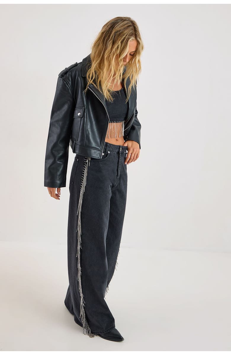 NASTY GAL Denim Diamonte Tassel Straight Leg Jeans, Alternate, color, Washed Black