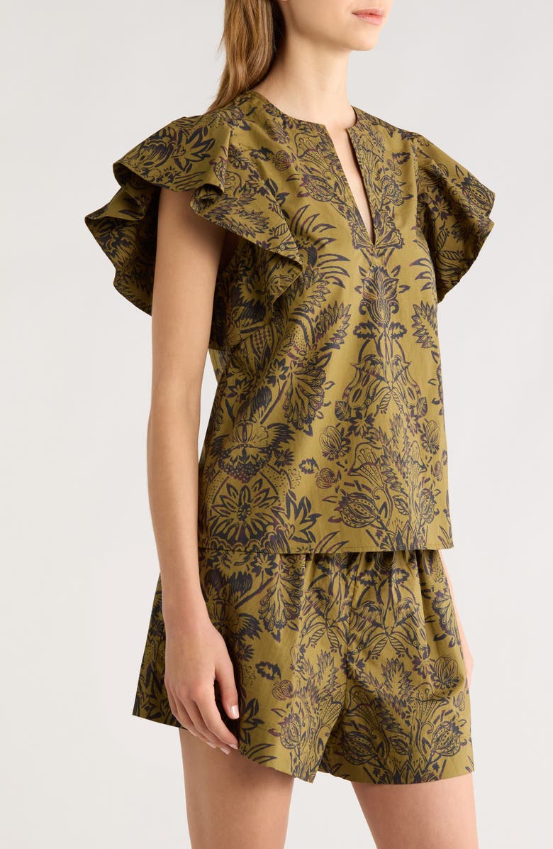 Ulla Johnson Severine Floral Cotton Flutter Sleeve Top, Alternate, color, Olive Flora