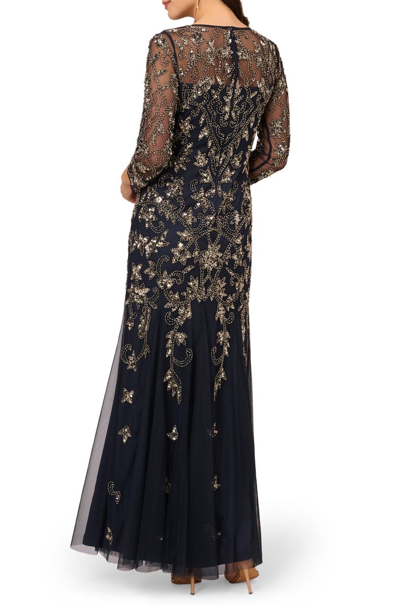 Adrianna Papell Beaded Long Sleeve Goddet Gown, Alternate, color, Midnight