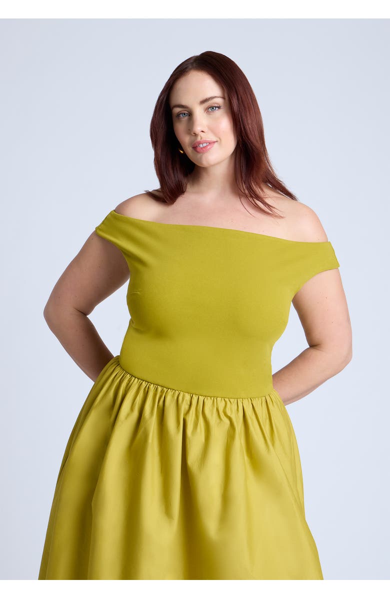 ELOQUII Boat Neck Mixed Fabric Dress, Alternate, color, Chartreuse