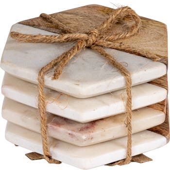 Marble & Wood Hexagon Coaster Set
