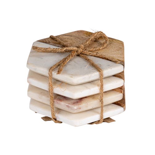 Storied Home Marble & Wood Hexagon Coaster Set In Brown