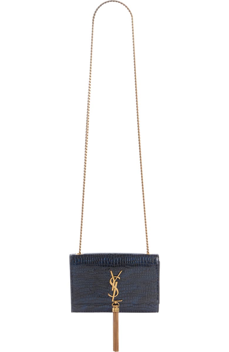 Saint Laurent Small Kate Shiny Croc Embossed Leather Shoulder Bag, Main, color,