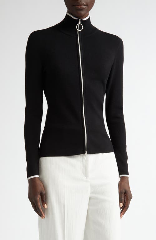 Akris punto Contrast Trim Virgin Merino Wool Zip Front Cardigan in Black Cream 