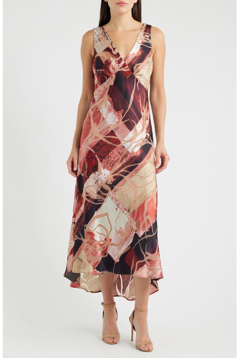 Floral Mixed Print Satin Dress, Main, color, DESERT CLAY