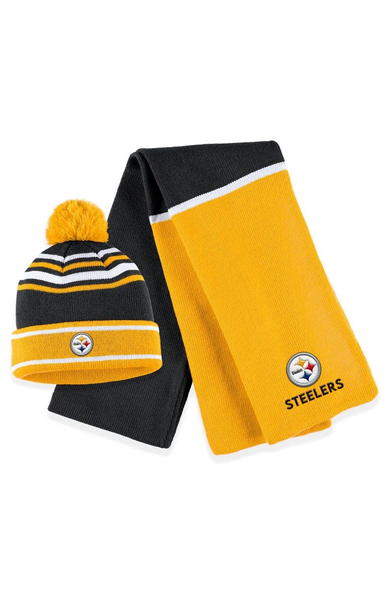 WEAR by Erin Andrews Women's WEAR by Erin Andrews Black Pittsburgh Steelers Colorblock Cuffed Knit Hat with Pom and Scarf Set, Main, color, Black