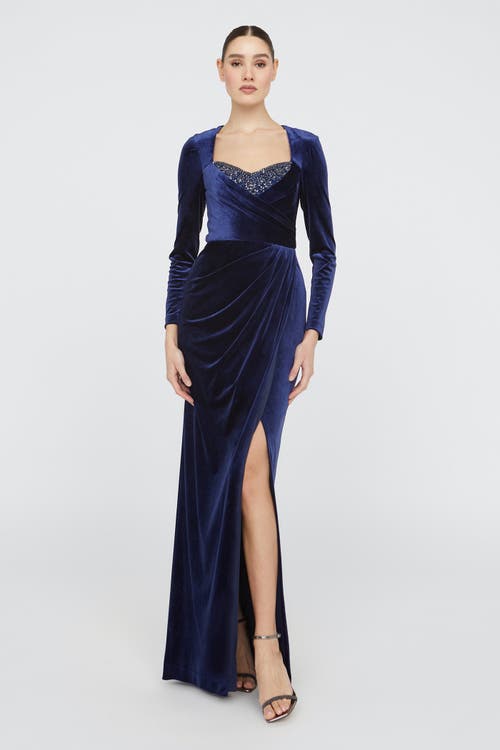 Theia Emerson Draped Stretch Velvet Column Gown In Blue