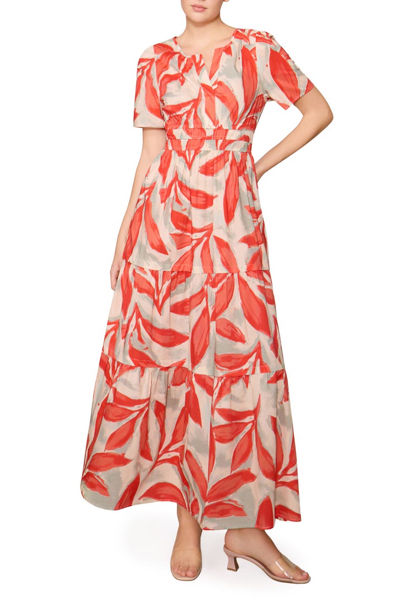 Short Sleeve Tiered Maxi Dress, Main, color, BONE CAMELIA LEAF