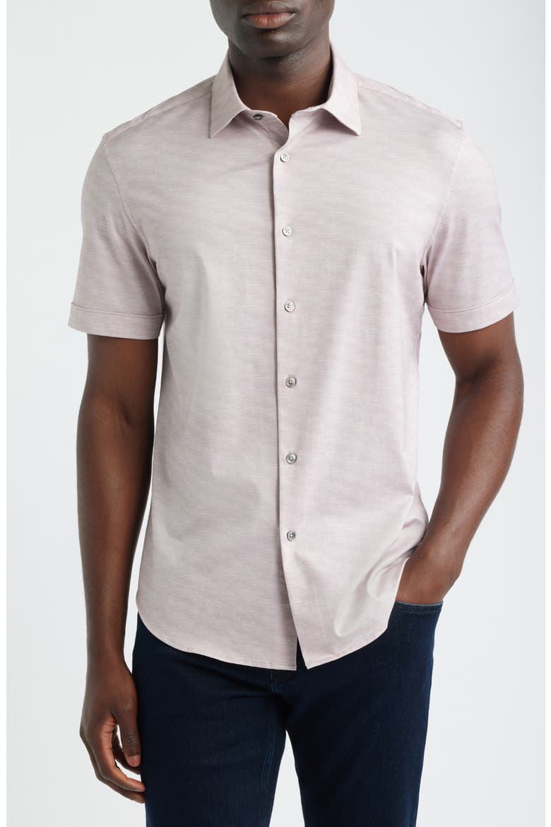 Miles OoohCotton® Herringbone Print Short Sleeve Button-Up Shirt, Main, color, WOOD ROSE