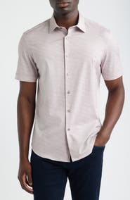 Bugatchi Miles OoohCotton® Herringbone Print Short Sleeve Button-Up Shirt