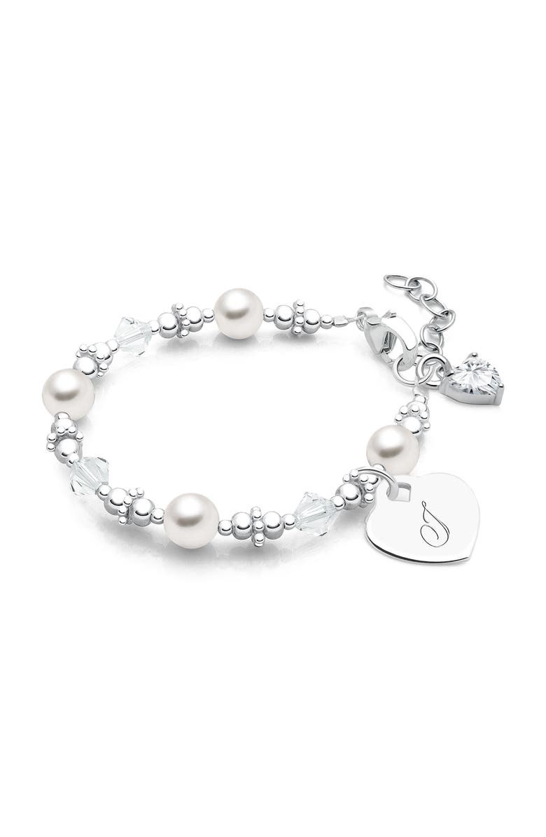 Tiny Blessings Sterling Silver Crystals & Pearls & Engraved Initial 5.25" Bracelet, Main, color, Silver - J