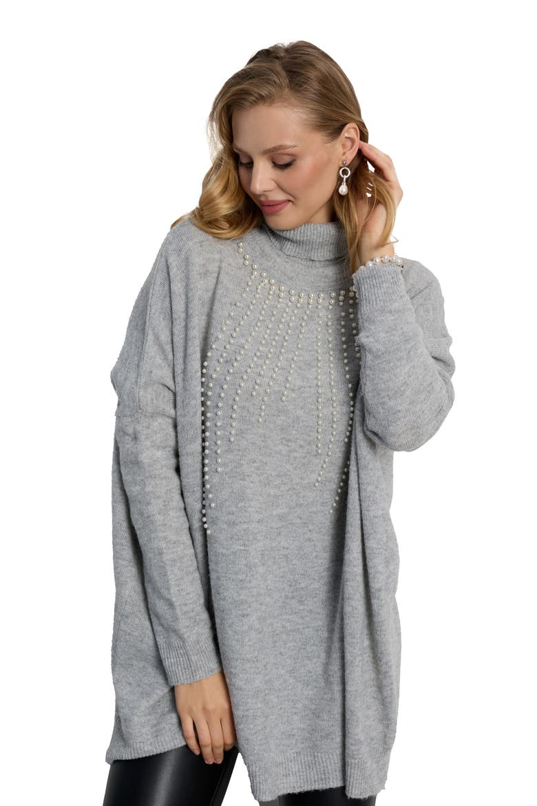 Faux Pearl Turtleneck Tunic Sweater, Main, color, GREY