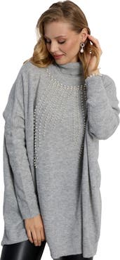 SAACHI Faux Pearl Turtleneck Tunic Sweater