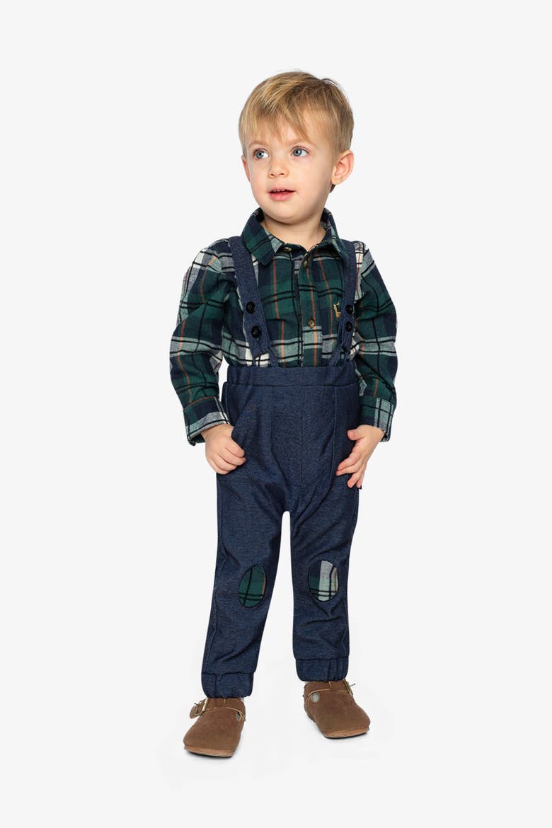 Button Front Bodysuit Suspender Pants Top & Pants Set, Alternate, color, Blue and Green Checks