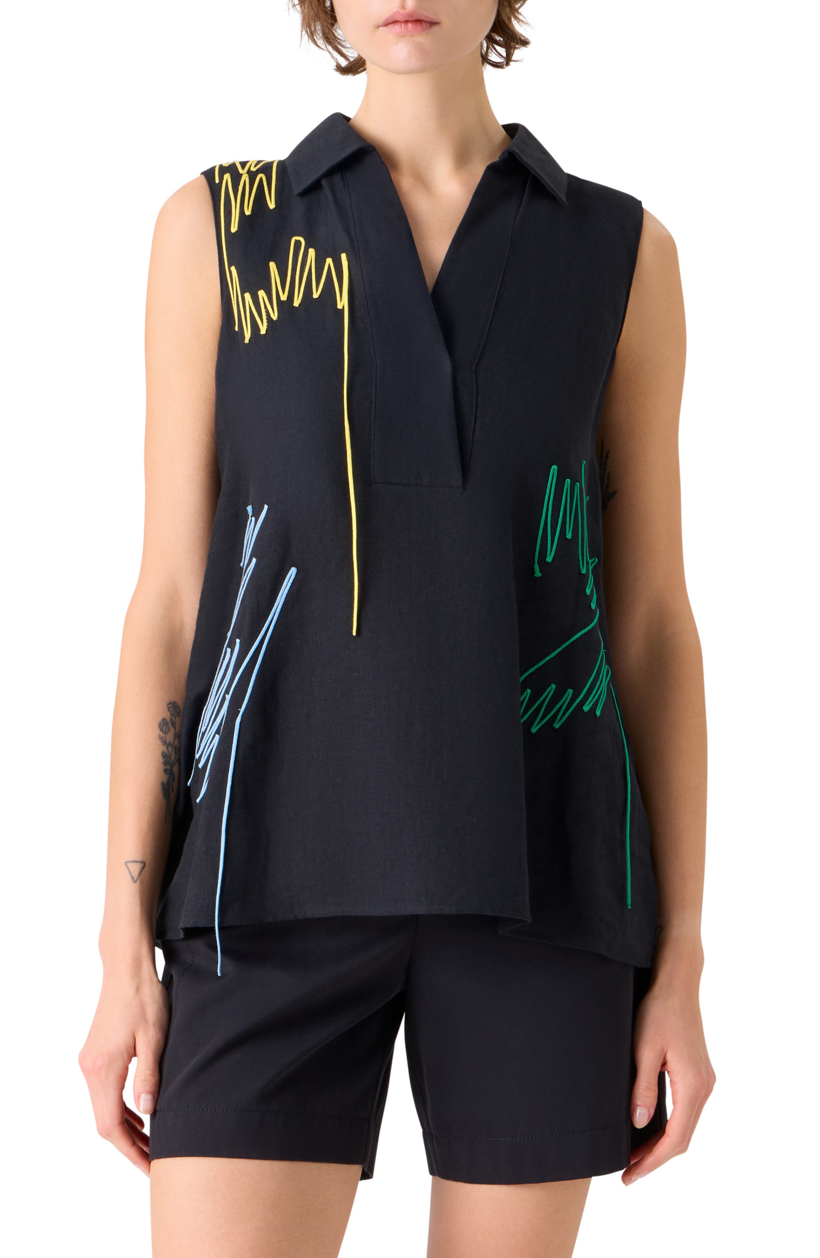 Scribble Embroidered Linen A-Line Shirt