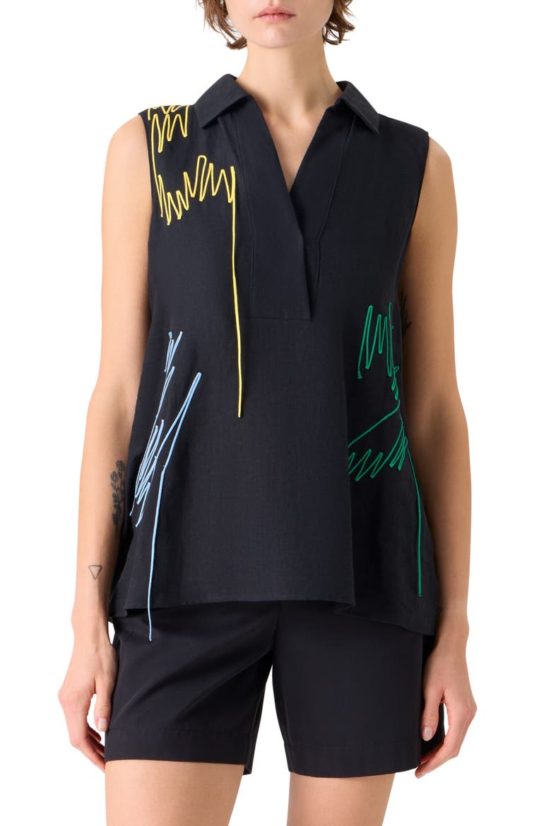Scribble Embroidered Linen A-Line Shirt, Main, color, BLACK