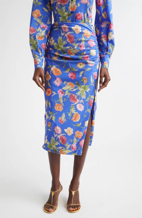 Poppy Print Ruched Pencil Skirt