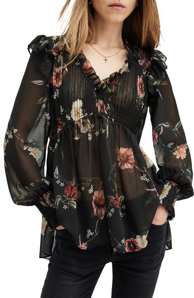 AllSaints Iryna Floral Print Pleated Top, Main, color, Unity Black