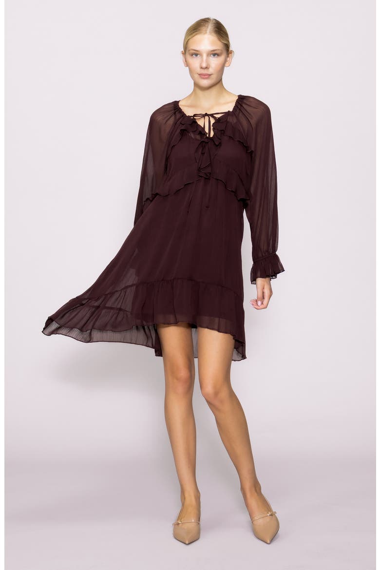 Ruffle Long Sleeve Chiffon Babydoll Dress, Alternate, color, MAROON