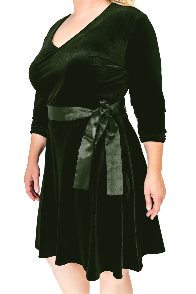 Millie V-Neck Stretch Velvet Fit & Flare Dress, Alternate, color, GREEN
