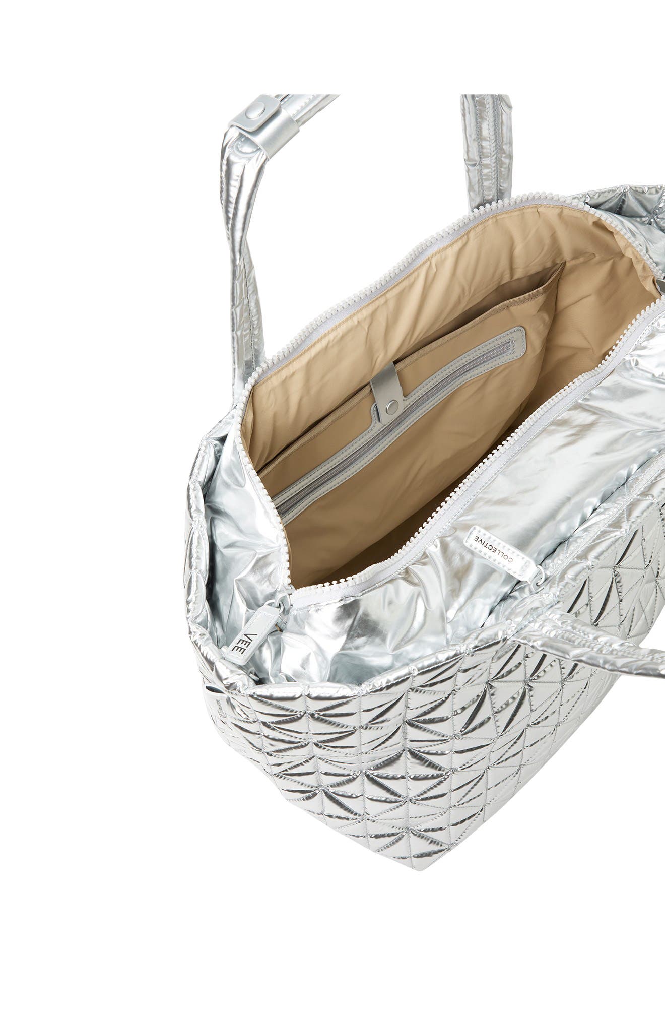 VeeCollective Vee Weekender Water Resistant Quilted Recycled Nylon Tote, Alternate, color, Chrome Metallic Chromm