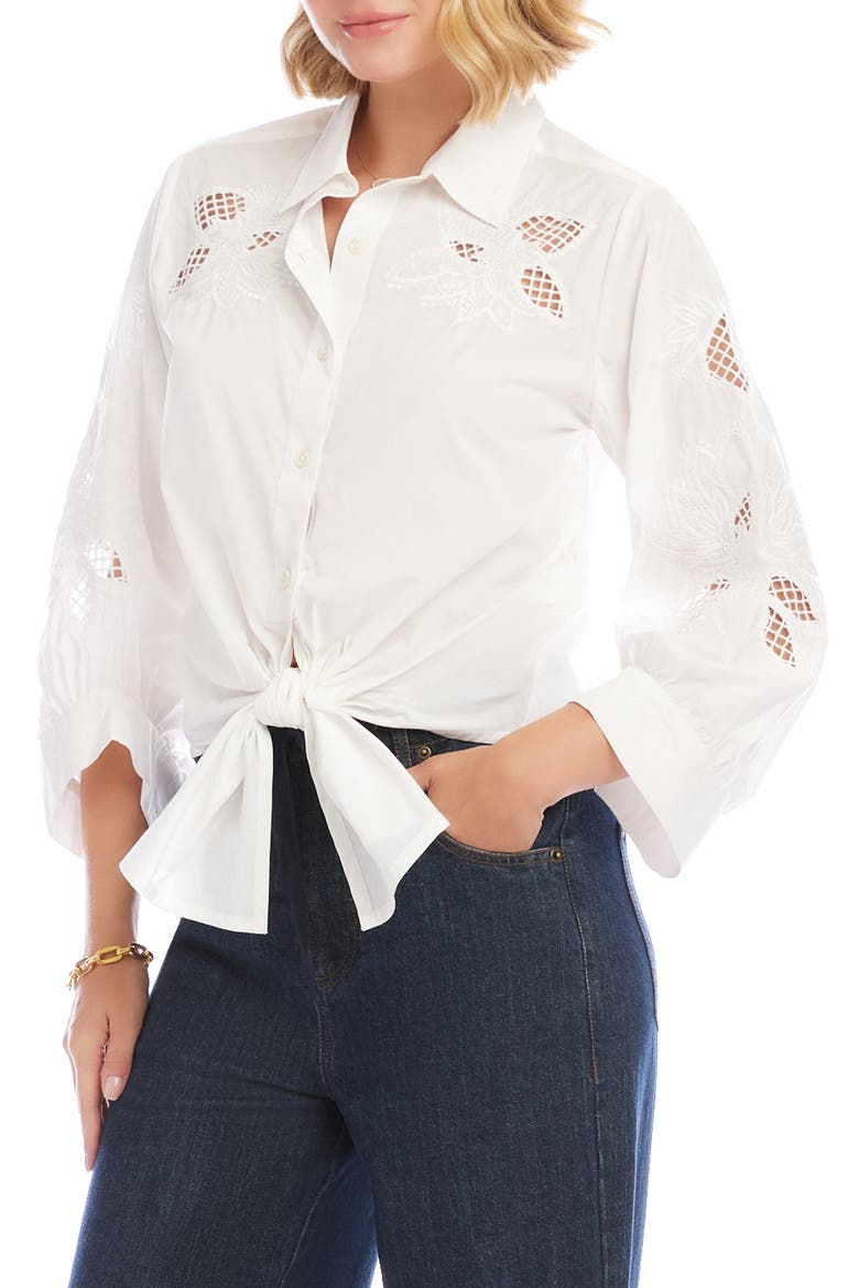 Eyelet Embroidery Tie Front Shirt, Alternate, color, WHITE