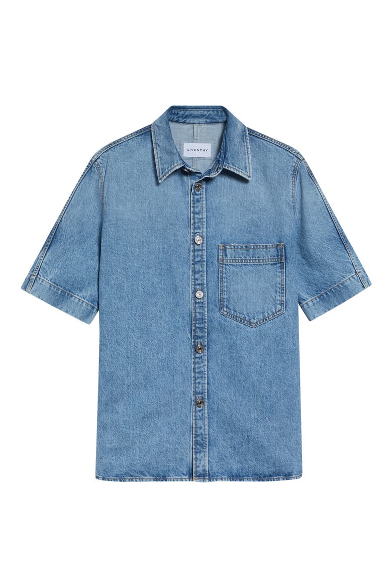 Couture Seam Short Sleeve Denim Button-Up Shirt, Main, color, LIGHT BLUE