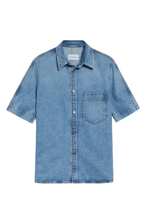 Couture Seam Short Sleeve Denim Button-Up Shirt