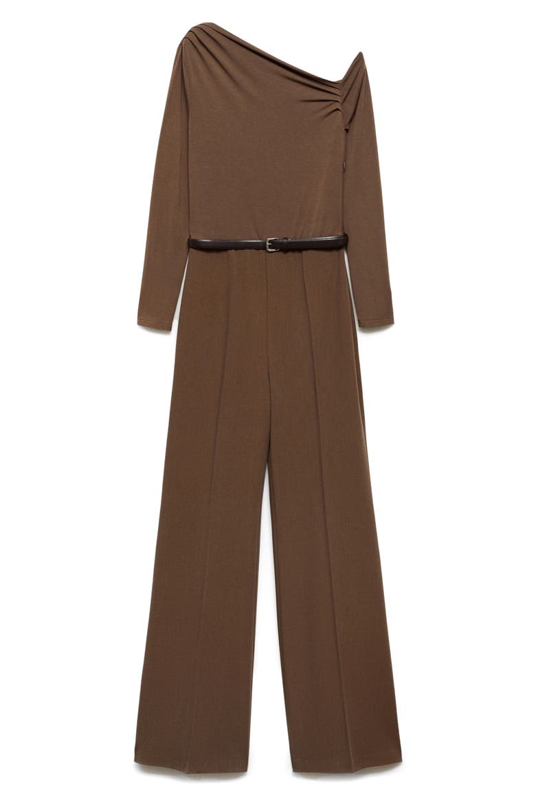 Belted Long Sleeve One-Shoulder Jumpsuit, Alternate, color, BROWN
