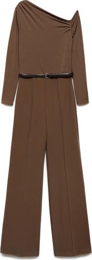 Belted Long Sleeve One-Shoulder Jumpsuit