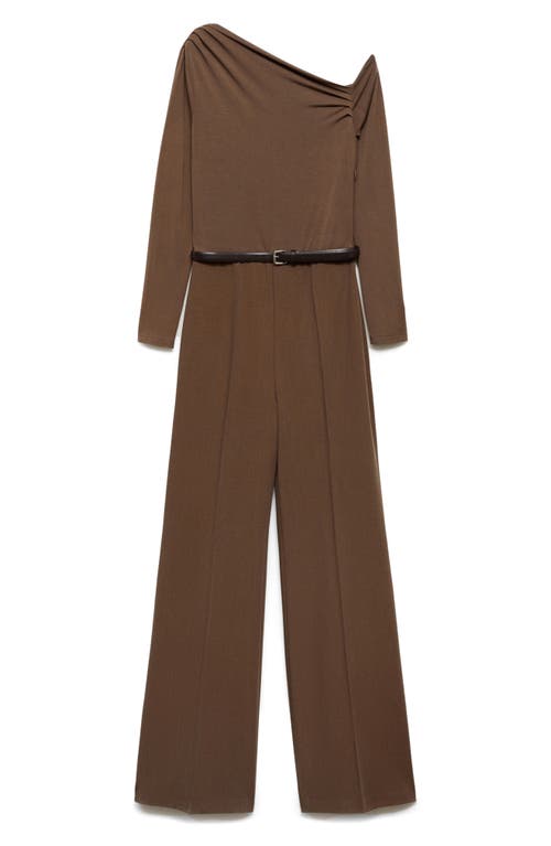 Shop Mango Belted Long Sleeve One-shoulder Jumpsuit In Brown