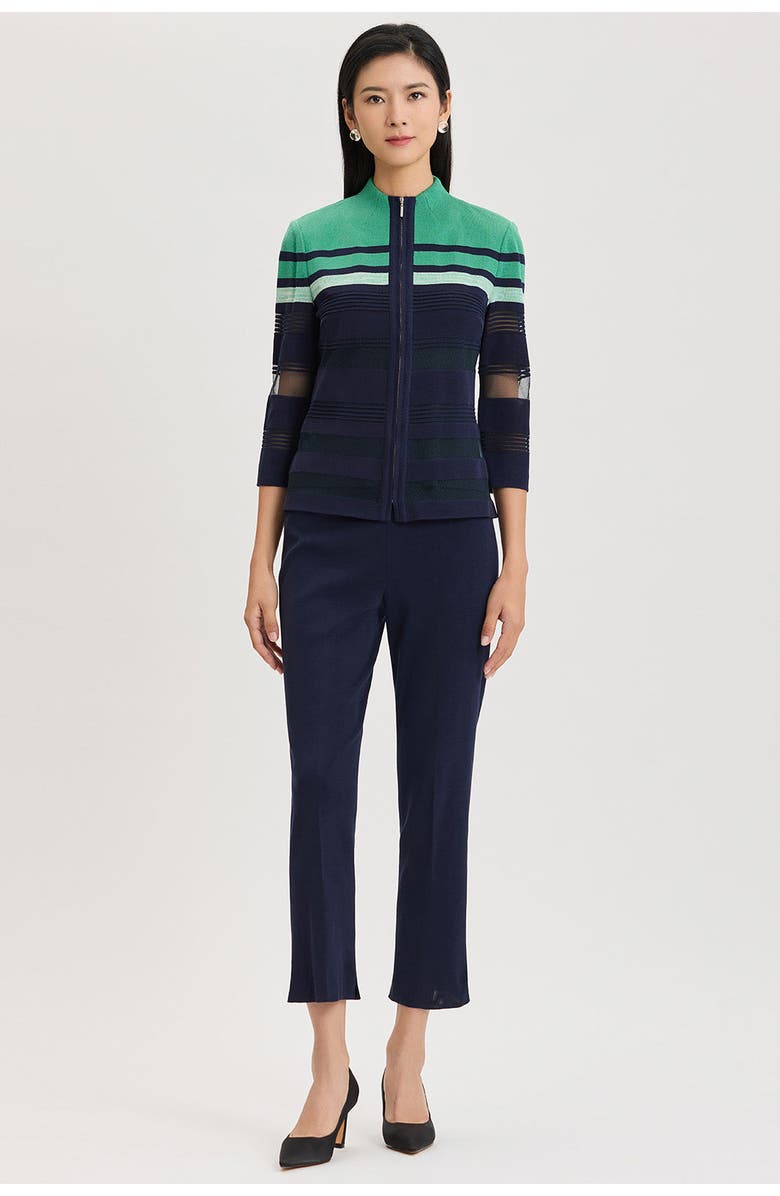 Ming Wang Heritage Zip-Front Sheer Knit Jacket, Alternate, color, Kelly Green/Indigo/Ivory
