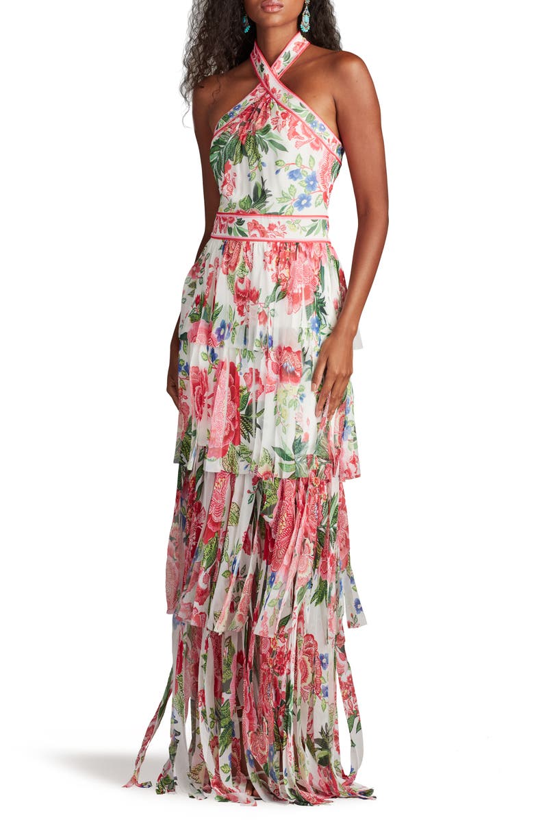 Tadashi Shoji Floral Print Twist Tiered Halter Gown, Main, color, White/ Fuchsia Floral