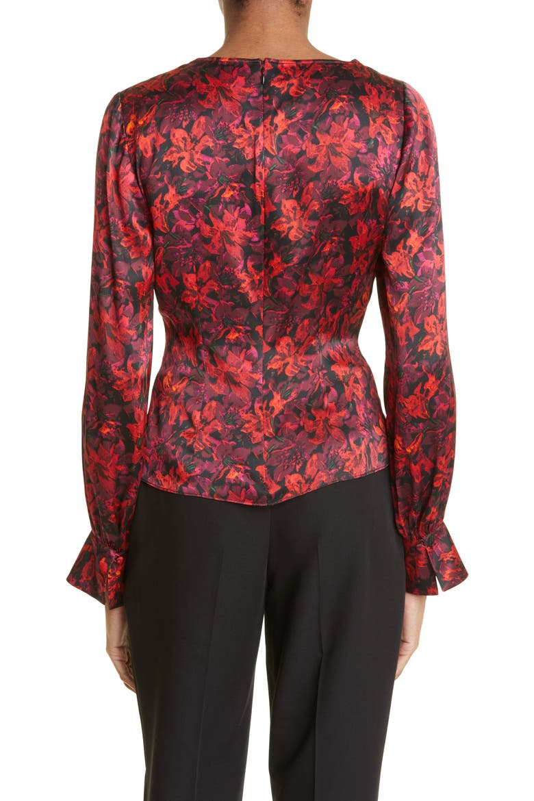 Ezrah Floral Print Ruched Cutout Silk Blouse, Alternate, color, CALLA LILY MULTI
