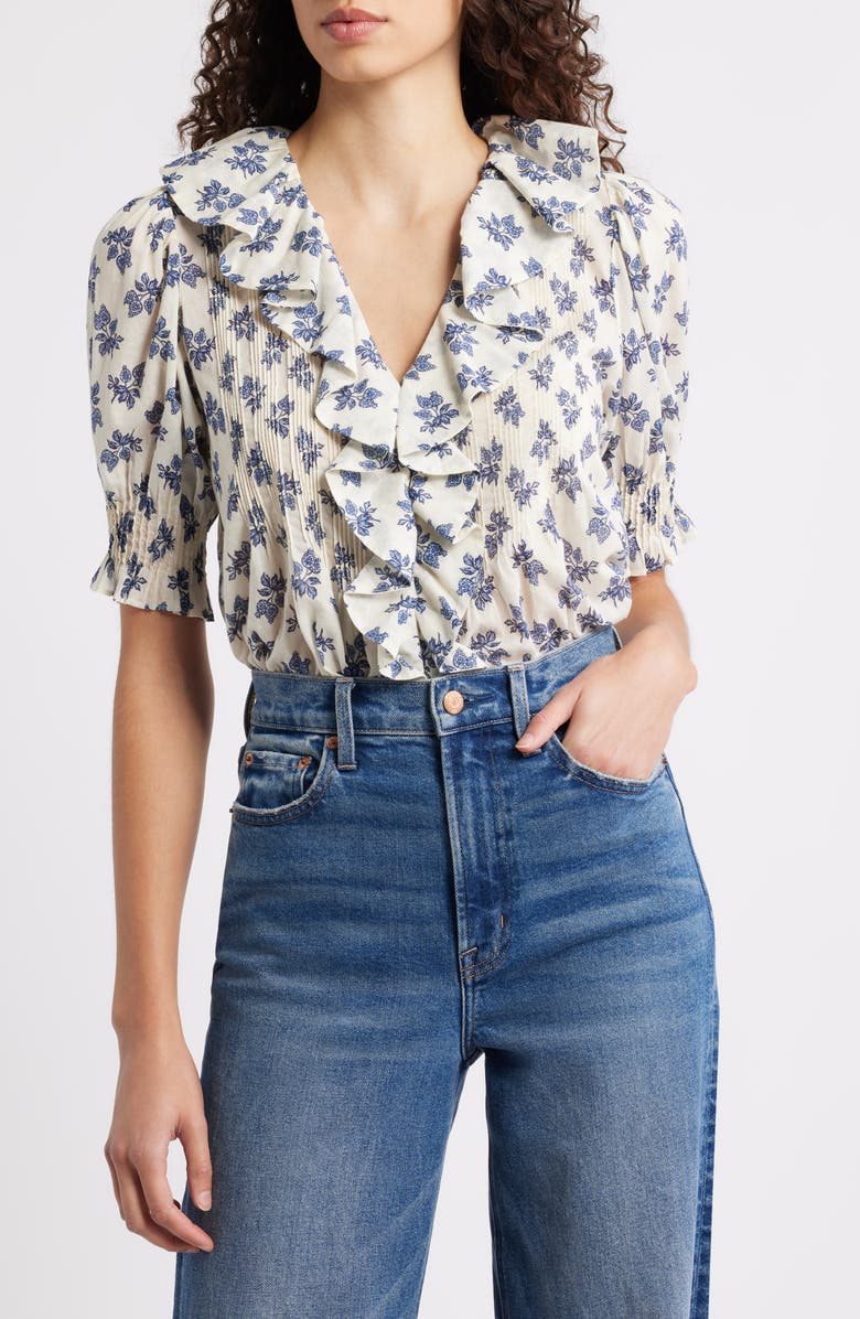 DÔEN Henri Floral Organic Cotton Voile Top, Main, color, Cream Pomegrante Bloom