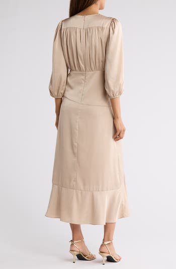 Three-Quarter Sleeve Faux Wrap Midi Dress