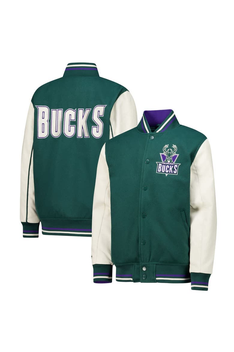 Youth Mitchell & Ness  Hunter Green Milwaukee Bucks Full-Snap Varsity Jacket, Main, color, Hunter Green