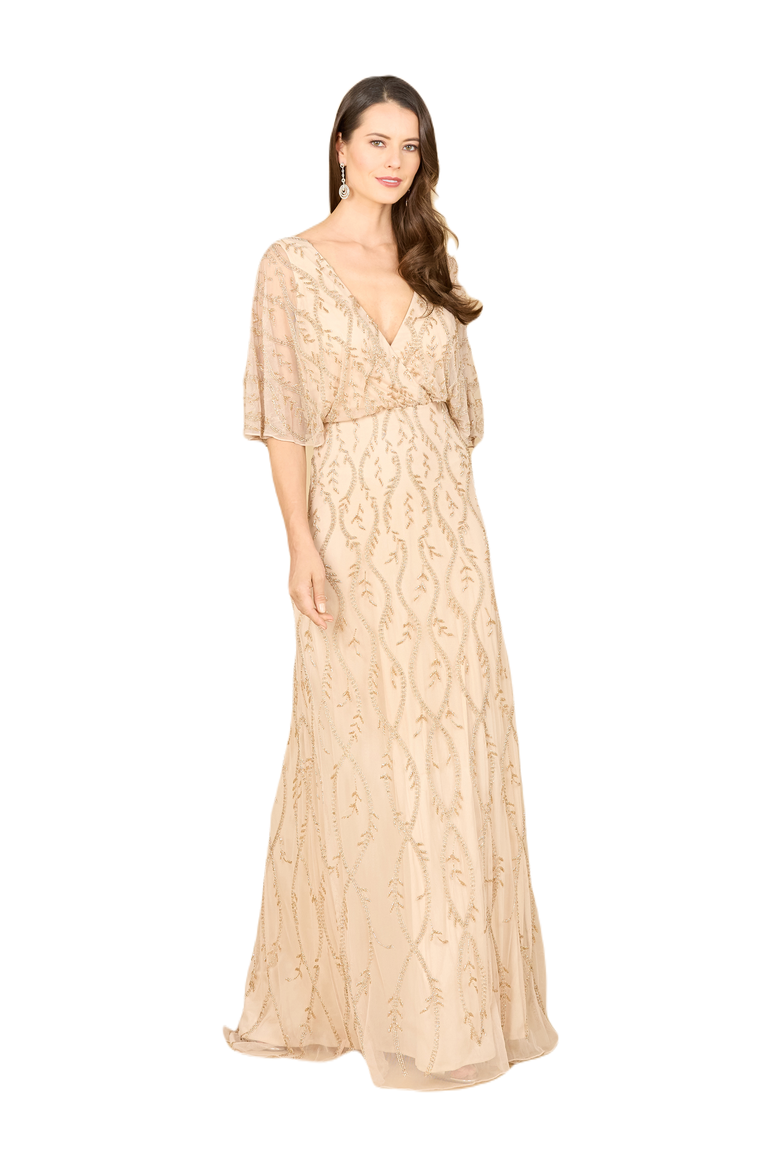 Illusion Cape Sleeve Beaded Gown, Alternate, color, Champagne